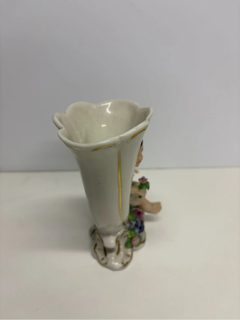 Vintage Porcelain Cherub Cornucopia Vase in White and Gold